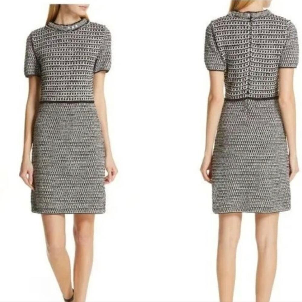 Tory Burch Black White Metallic Tweed Knit Embellished Jewel Dress Small